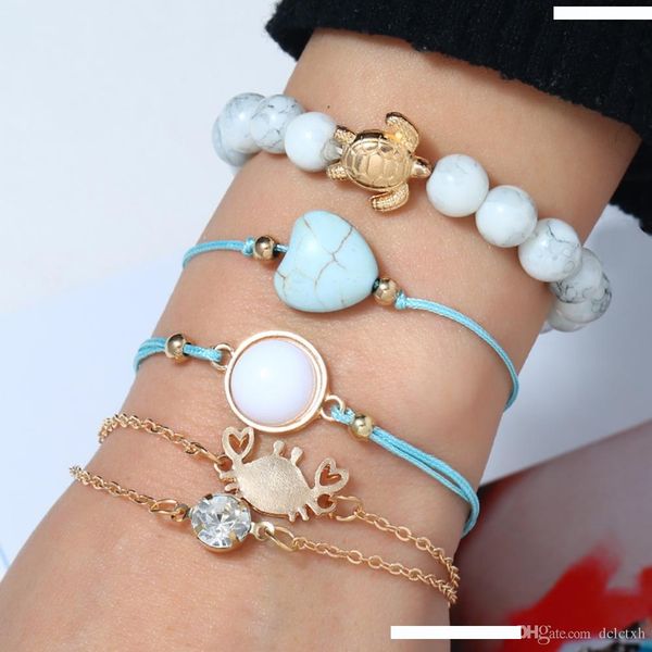 

fashion popular woven bracelet turtle white pine crab 5 piece set suit couple bracelet good-looking style bracelet jewelry accessories, Golden;silver