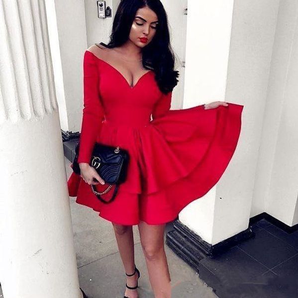 

charming red satin a line short homecoming dresses long sleeves v neckline cocktail party gowns club wear prom dress 63, Blue;pink