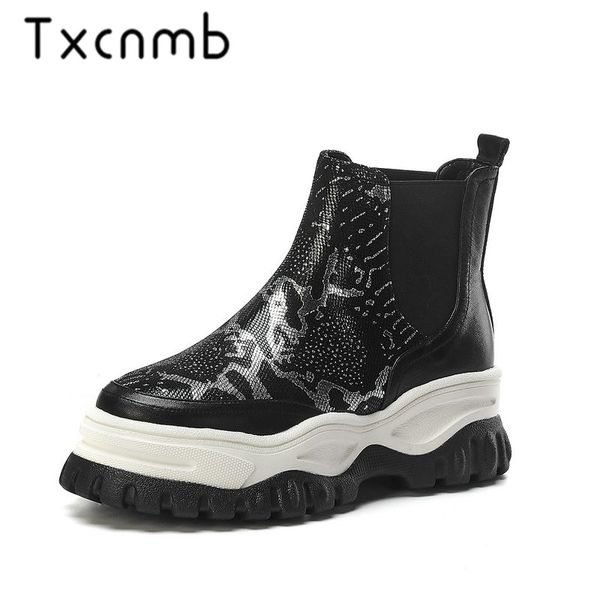 

txcnmb brand genuine leather boots women ankle boots handmade platform heels comfortable shoes women autumn winter, Black
