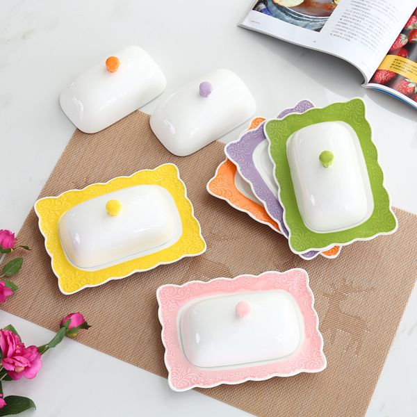 

vintage ceramic butter dish with lid french relief motif 7 inch large butter storage container white yellow green purple pink orange