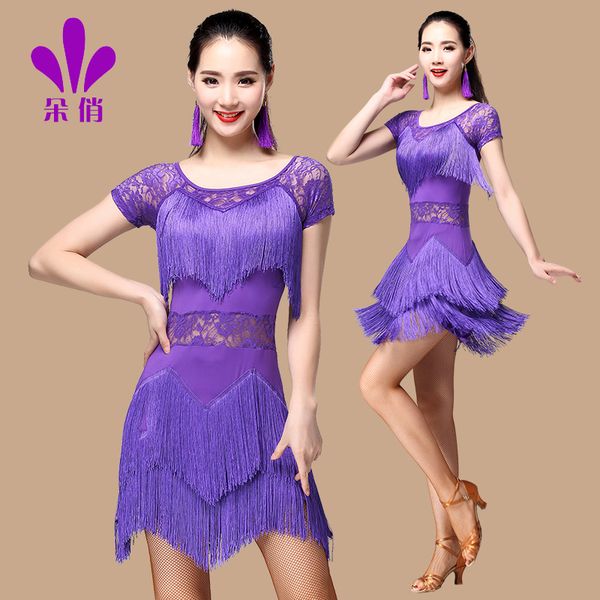 

lady latin dance dress plus size tassel female short-sleeved summer dress hellow out suit rumba samba dancing clothes b-4310, Black;red