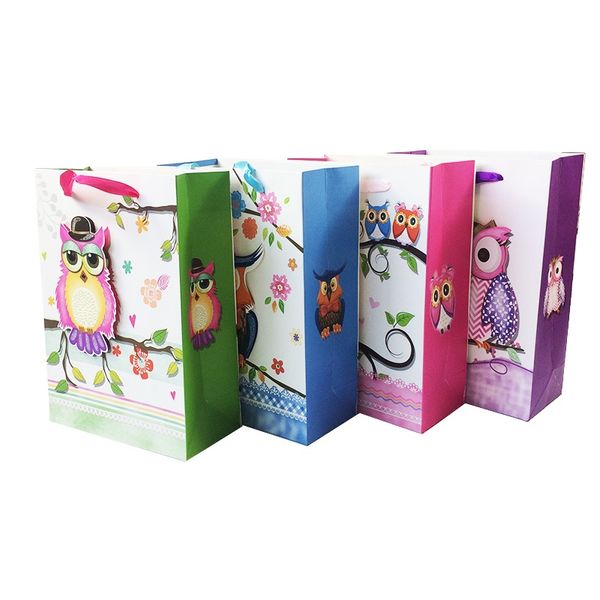 

20pcs/lot paper bags with ribbon handle 3d owl 18*25*8cm multifunction bag cute recyclable environment-friendly gift packing bag