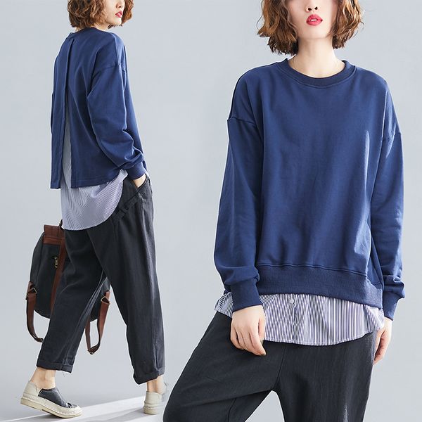 

2020 spring literature and art large size mock two-piece terry joint striped shirt, White