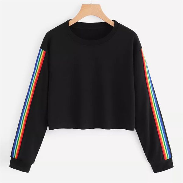 

clothing sweatshirt spring and autumn winter women's long sleeve rainbow patchwork o-neck sweatshirt casual shirt casual sports, Black