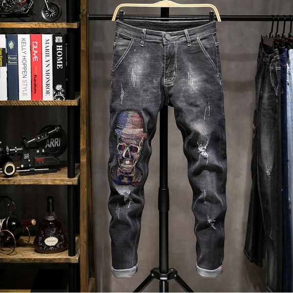

джинсы мужские черные смерть вышитые мужские брюки качество отверстие стрейч брюки, Blue
