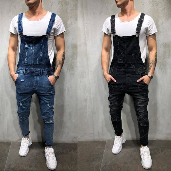 

стильные мужские комбинезоны с рваными джинсами черные брюки из джинсовой ткани, Blue