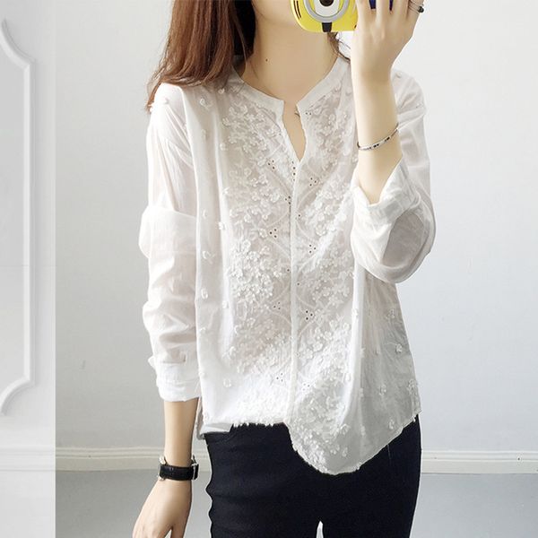 

2020 spring women's dress,v-neck long sleeve embroidered stereo floral print loose-fit pullover white shirt