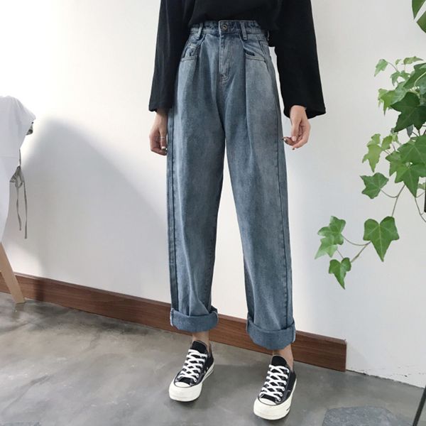 

свободные старинные женские джинсы осень отбеленные случайные парень локон джинсовые широкие брюки высокой талией жан, Blue