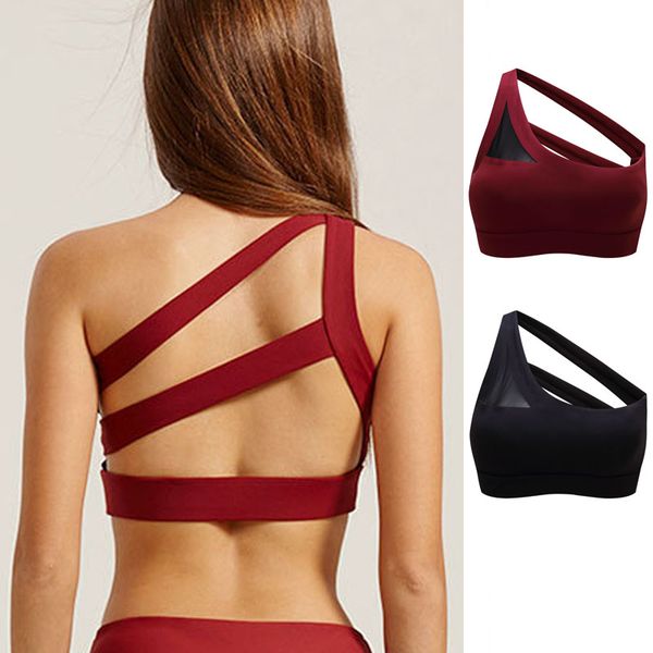 

one shoulder strap sports bra women hollow out beauty back yoga bra shockproof gather workout quick dry fitness running, White;black
