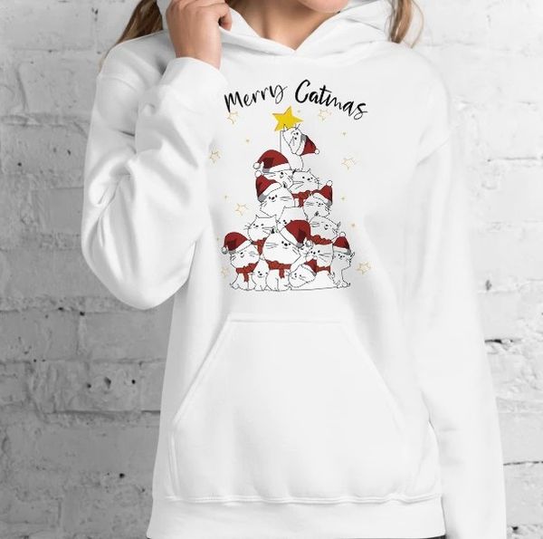 

merry catmas women hoody sweatshirt christmas cat graphic colored printed hoodies christmas harajuku casual pullover, Black