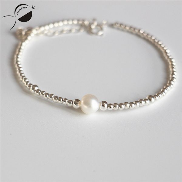 

s925 sterling silver bracelets women freshwater pearls beads nearround rope chain bangle jewelry silver bracelets&bangles female, Black