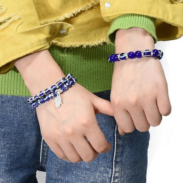 

6 style cool eye-shaped blue beaded bracelet adjustable with lucky hand pendant bangle for women, Black