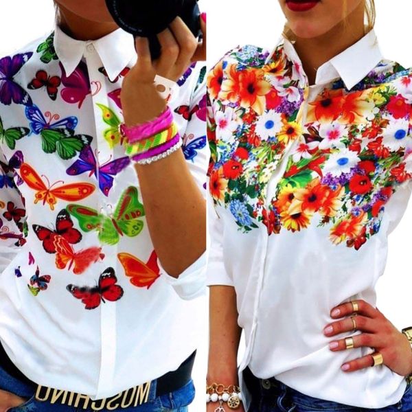

spring, summer and autumn office printed chiffon lady lapel long sleeve shirt and shirt for casual long sleeve, White