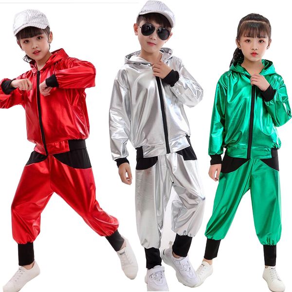 

kids sequined jazz dancing costumes girls boys ballroom hip hop dance clothes hoodie pants children dance clothing wear outfits, Black;red