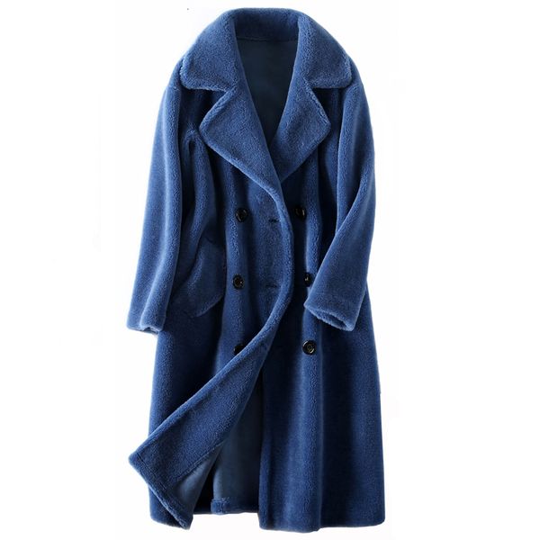 

ayunsue real fur coat women winter jacket sheep shearing 100% wool jacket korean clothes long jackets manteau femme ll107 kj3126, Black
