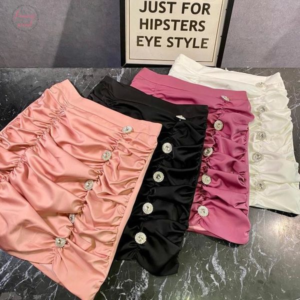 

2020 summer new arrivals high waist rhinestone buttons tight short mini pleated skirt women mi947, Black