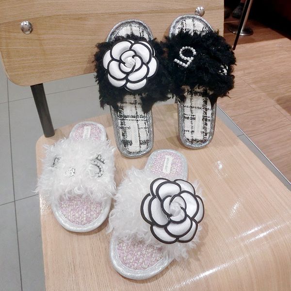 

elegant women bedroom slides 2019 autumn luxury roll plush camellia flowers ladies slippers home floor non-slip slides, Black