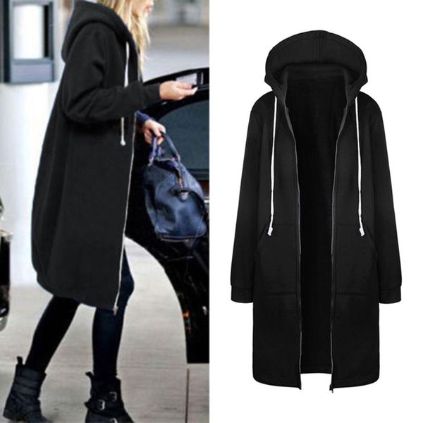 

women zipper hooded coat drawstring long sleeve pockets jacket winter outwear zip up open hooded hoodies ladies coat, Black