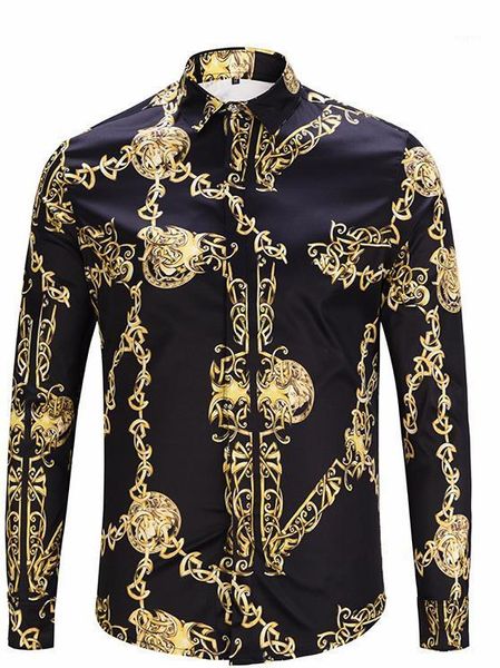 

chain print vintage mens shirts designer lapel neck long sleeve luxury men casual tees fashion designer golden, White;black