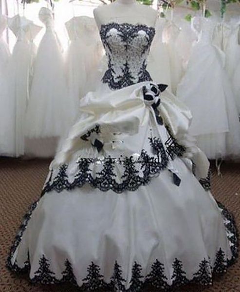 Vintage Brautkleider in Weiß und Schwarz, Ballkleid, trägerlos, mit Perlen verziert, Spitze, Blumen, Satin, lange Brautkleider, mit Schnürung am Rücken, nach Maß