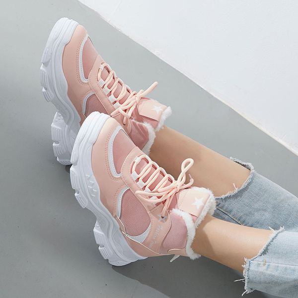 

high-sneakers women's tide wild pink autumn and winter models plus velvet warm student cotton shoes anti-skiing boots new, Black