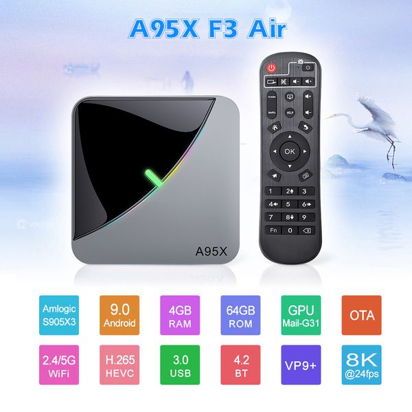 

android 9.0 tv box rgb light amlogic s905x3 usb3.0 1080p h.265 4k 60fps google play netflix youtube a95x f3 air 8k media palyer