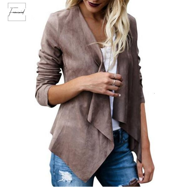 

women artificial suede basic jackets open stitch slim cardigan vintage asymmetric ladies motorcycle polyester coats outwears drop shipping, Black;brown