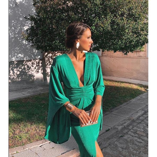 

green elegant dress summer women deep v neck bodycon party dresses ladies flare sleeve split tunic midi dress women, Black;gray