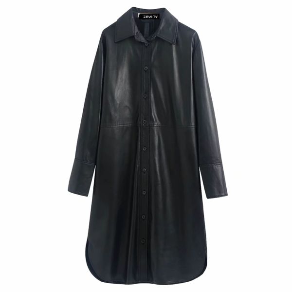 

new 2020 women vintage long sleeve pu leather shirtwaister female single breasted vestidos chic casual straight dresses ds3202, Black;gray
