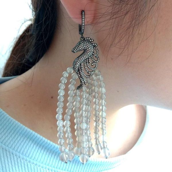 

women's natural gray stone golden plated cz pave gunmetal sea horse earrings