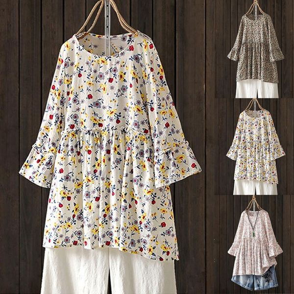 

blouses women vintage patchwork long sleeve o-neck irregular hem print plus size shirt casual loose ladies blouses#g5, White