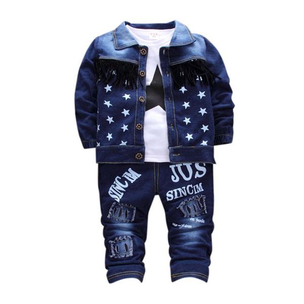 

детская одежда комплект 3 шт костюм дети осень с длинным рукавом футболка + джинсовые брюки + звезда шаблон джинсовая куртка мальчик одежда, White