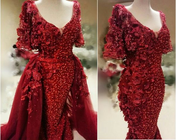 

красный русалка вечерние платья с съемным шлейфом поезд аппликация жемчуг роскошный цветок русалка пром платье с короткими рукавами платье н, Black;red