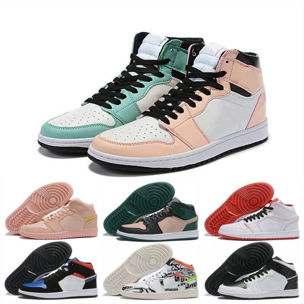 

2019 new jumpman 1 high what the pink green gold graffiti basketball shoes fashion women mens 1s sports sneakers size 5.5-11, White;red
