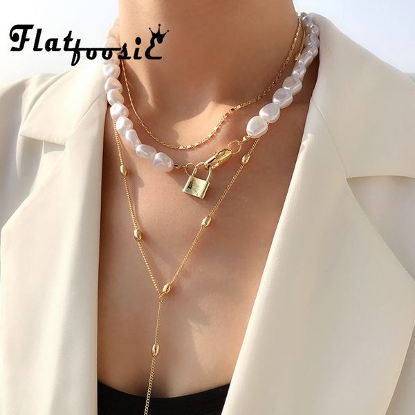 

flatfoosie 2019 hip hop multi-layer imitation irregular pearls chain metal beads line lock chain necklace for women jewelry gift, Silver