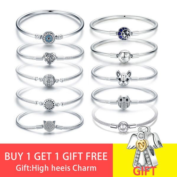 

original bracelet fit pandora charm 925 sterling silver cz moon heart tree devil eye snake chain dog owl beads banlges for women, Golden;silver