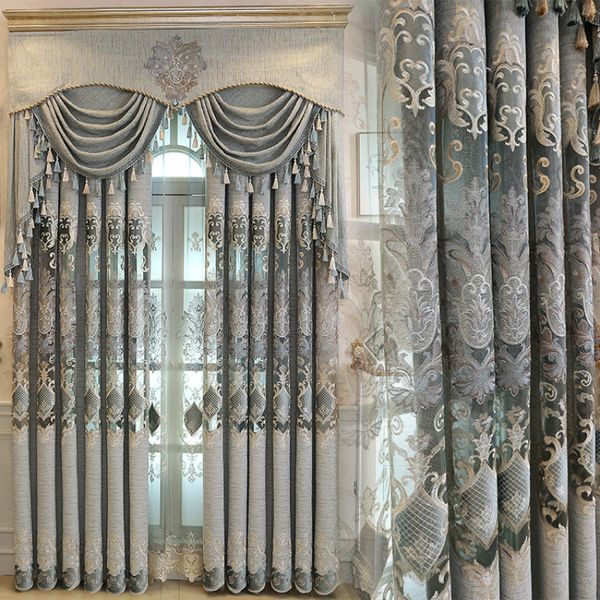 

new european luxury gray curtains for living dining room bedroom fabric chenille embroidery valance curtain fabric custom