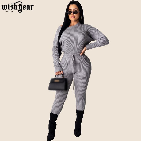 

sweater two piece set o neck long sleeve loose pullover +pencil pants women fashion casual knitted ribbed tracksuit, White