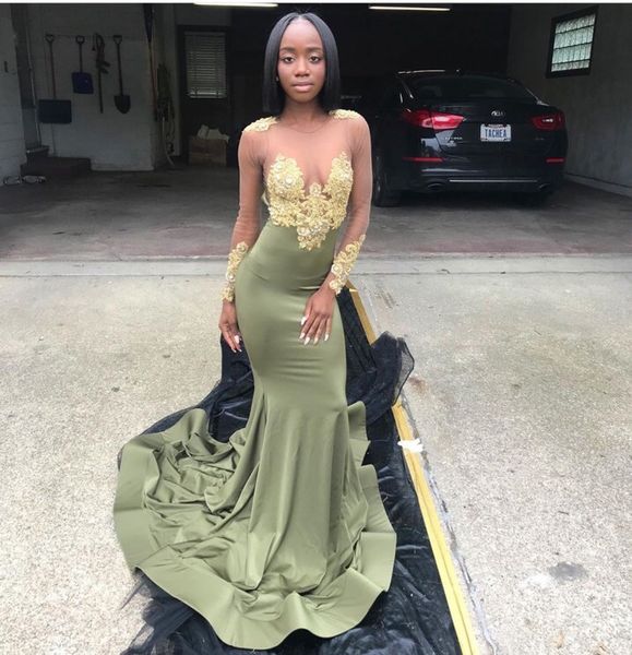 

illusion long sleeve backless mermaid prom dresses with gold appliques lace plus size african black girls evening party gowns