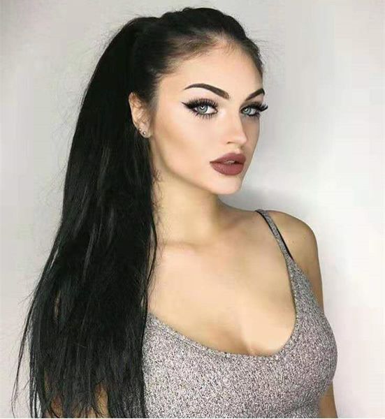 

4 colors available 20" long silky straight natural human hair wrap drawstring ponytail clip in extension style hair pieces, Black