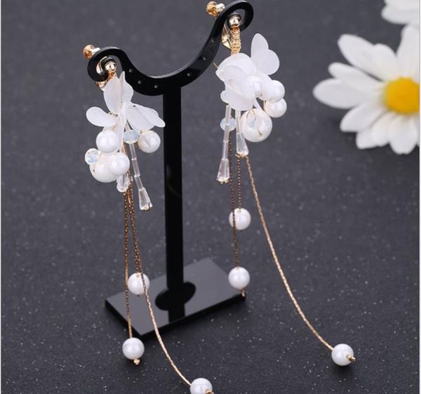 

fairy pearl earrings women's new long style temperament bride tassel earrings earrings without ears ear clips jewelry, Silver