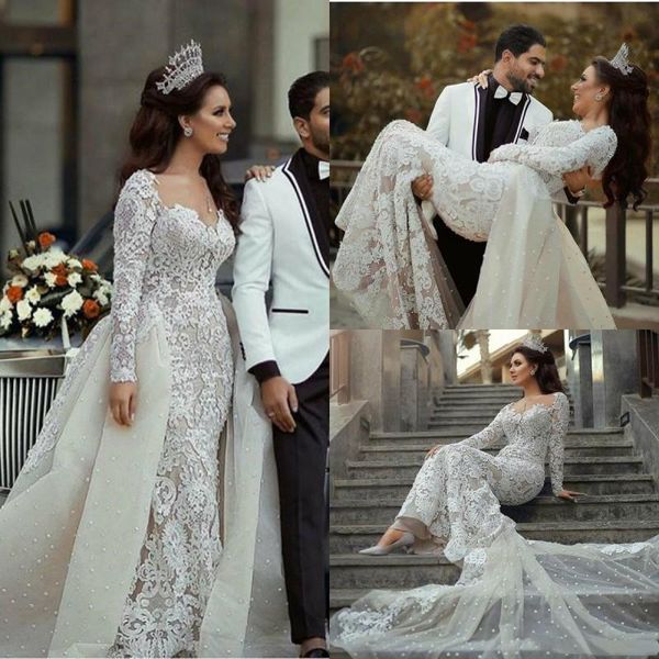 

2020 arabic mermaid wedding dresses with detachable train plus size lace long sleeves dubai vintage wedding gowns robe de mariee, White