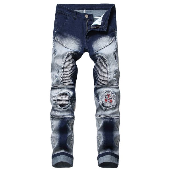 

s-8xl plus size men's straight mid waist jeans printed individual zipper jeans making old printed trousers blue cowboy pant