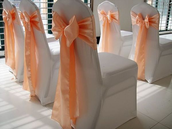 Decoração de Eventos Peach Banquete Chair Satin Sash casamento Chair Bow Tie Para Hotel Festa WedFavor 100pcs