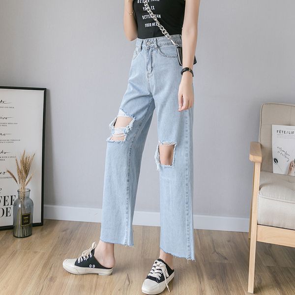 

jeans woman high waist plus size stretch summer autumn ninth length skinny loose denim pants for women hole blue