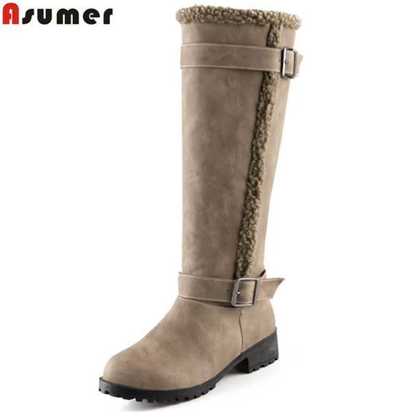 

asumer fashion winter new arrive women boots black khaki flock buckle knee high boots med heel round toe big size 34-43