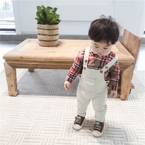 

boy designer two piece set 2019 boys gentleman style long sleeve plaid shirt + bib pants trend luxury two-piece suits kids clothing sets, White