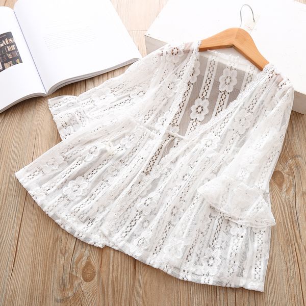 

girls thin outerwear 2019 fashion clothing summer girl lace hollow sun protection shirt 3-7 years flowers white blouse cardigan, Blue;gray