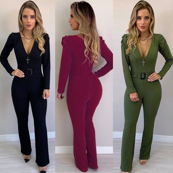 

ol long sleeve jumpsuit solid color v-neck court puff sleeve jumpsuit women's jumpsuits rompers women's long pants trousers, Black;white