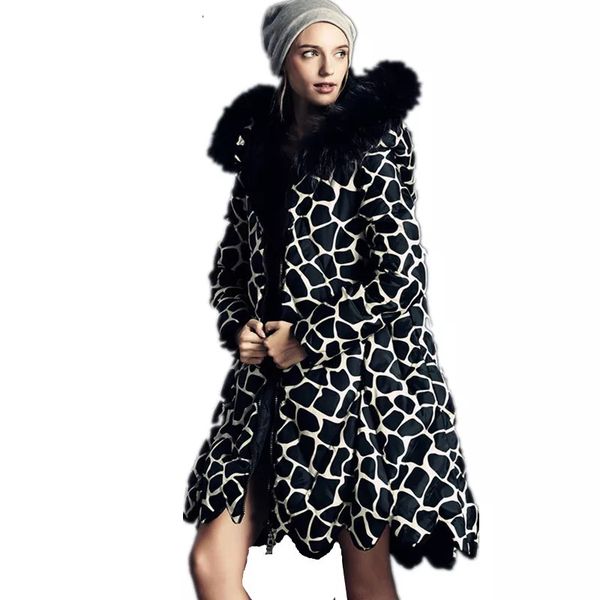 

2019 women winter down coat brand design down parkas women giraffe print fur collar lacecollar hem duck long jackets coats, Black